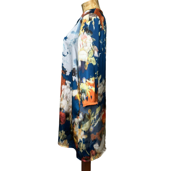 Bryn Walker Tunic Top Womens Small Blue Orange Abstract Floral Satin 3/4 Sleeve - Picture 3 of 9